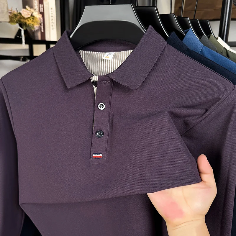 الرجال الخريف القطن الخالص طويلة الأكمام تي شيرت الأعمال عادية انتشار طوق قميص بولو أبي نمط فضفاض
