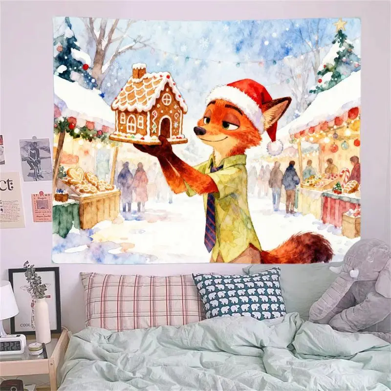 1PC ニック・ワイルド ズートピア クリスマスタペストリー、サンタ帽子をかぶったキツネがジンジャーブレッドハウスを抱いている、クリスマスホリデーマーケットウォールアートデコレーション