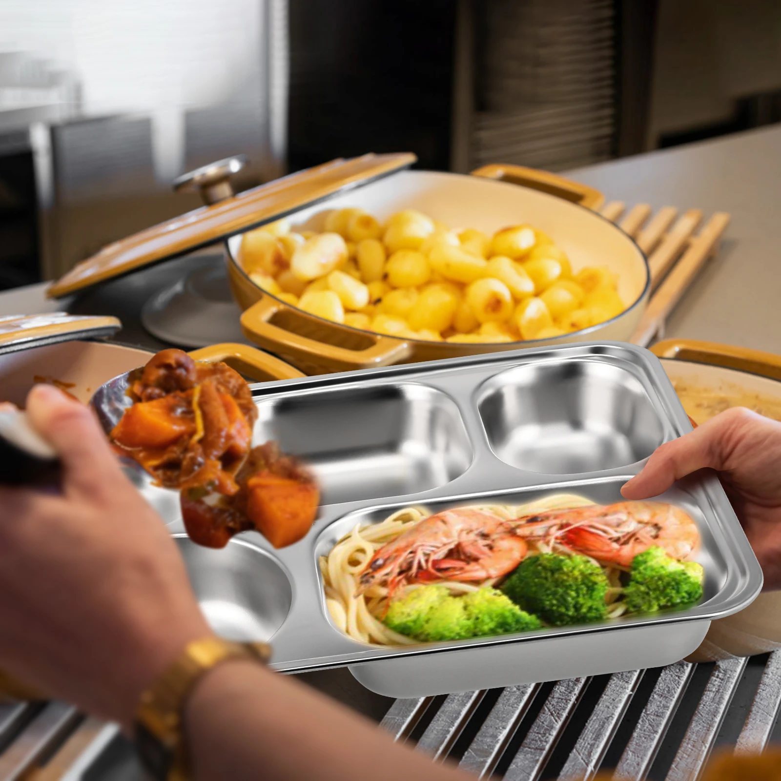 

Stainless Steel Divided Plate 5 Sections Deep Tray Lid 304 Material Food Grade Safe Kids Lunch Box Fruit Dish Home Kitchenware