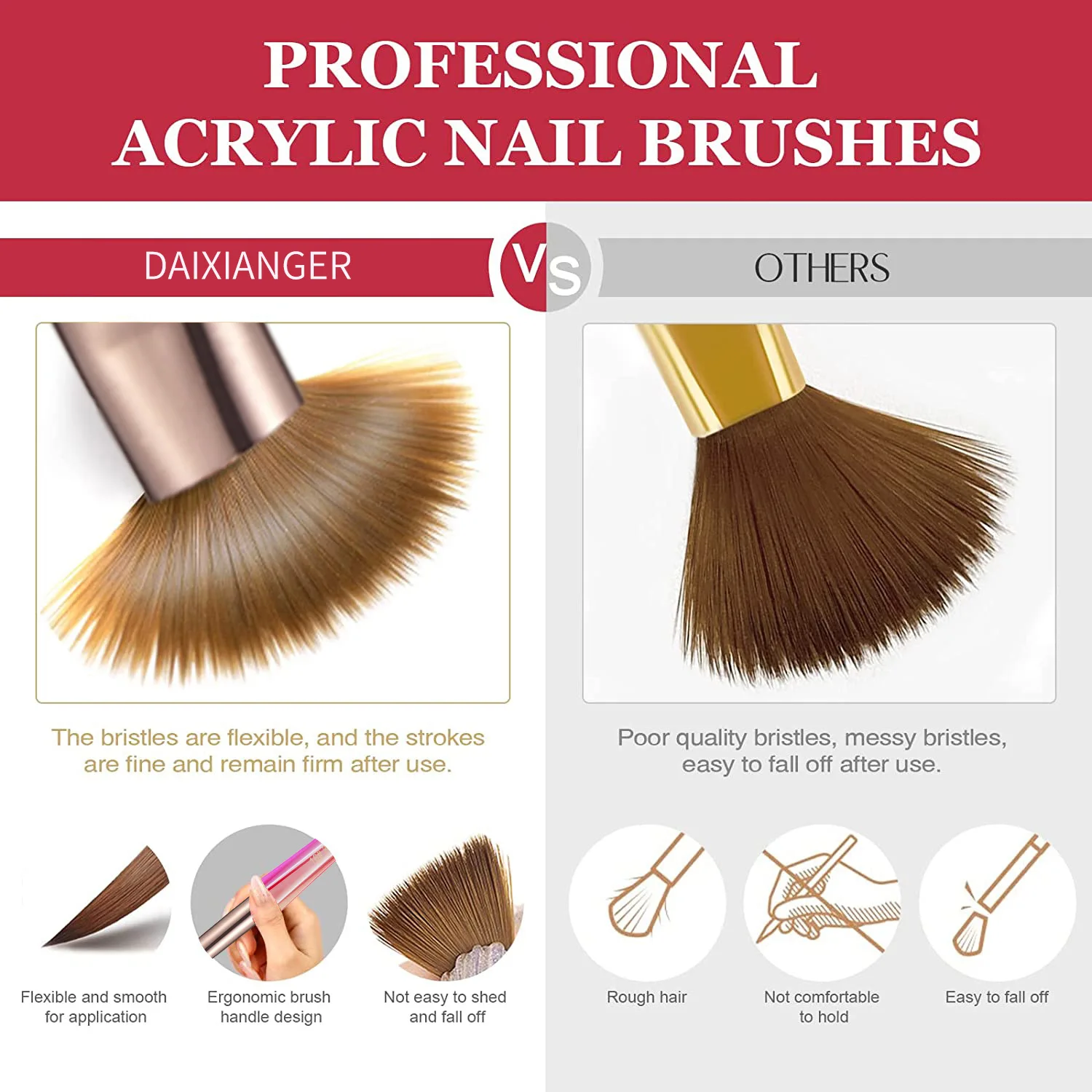 6PCS Nail Art Brushes Set - 6/8/12/14/16 Oval Shaped Acrylic Powder Nail Design Tools for Professional Manicure DIY