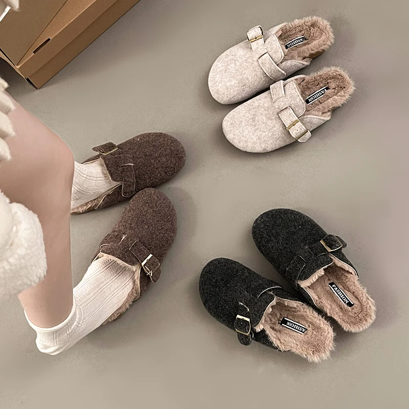 รองเท้าสตรีรองเท้าแตะสไลด์กลางแจ้งแพลตฟอร์ม FUR Flip Flops ฝาครอบนิ้วเท้าแบนรองเท้า Plush ผู้หญิง 2024 ฝาครอบ Toe House รองเท้าแตะ Plat