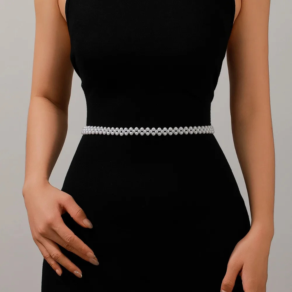 

Luxury Bling Pearl Waist Belt Thin Long Chain Waistband Waist Strap Ribbon Rhinestone Waist Chain Wedding