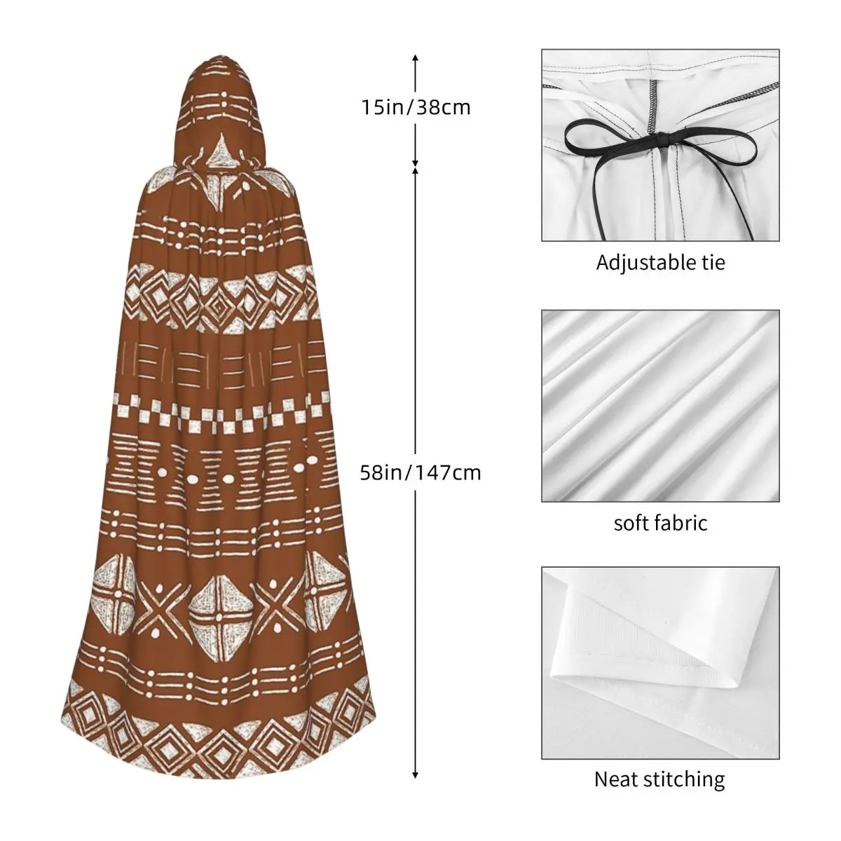 Modern African Tribal Mud Cloth Indigenous Ethnic Long Hooded Cloak Witch Medieval Costume Cosplay Cape Halloween Vampire