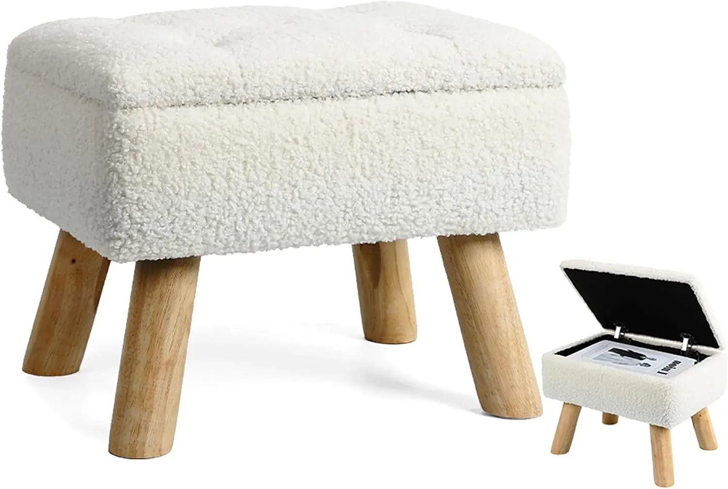 

Storage Ottoman with Padded Seat, Sturdy Wood Legs for Living Room, Bedroom - Cream Boucle Velvet Foot Rest