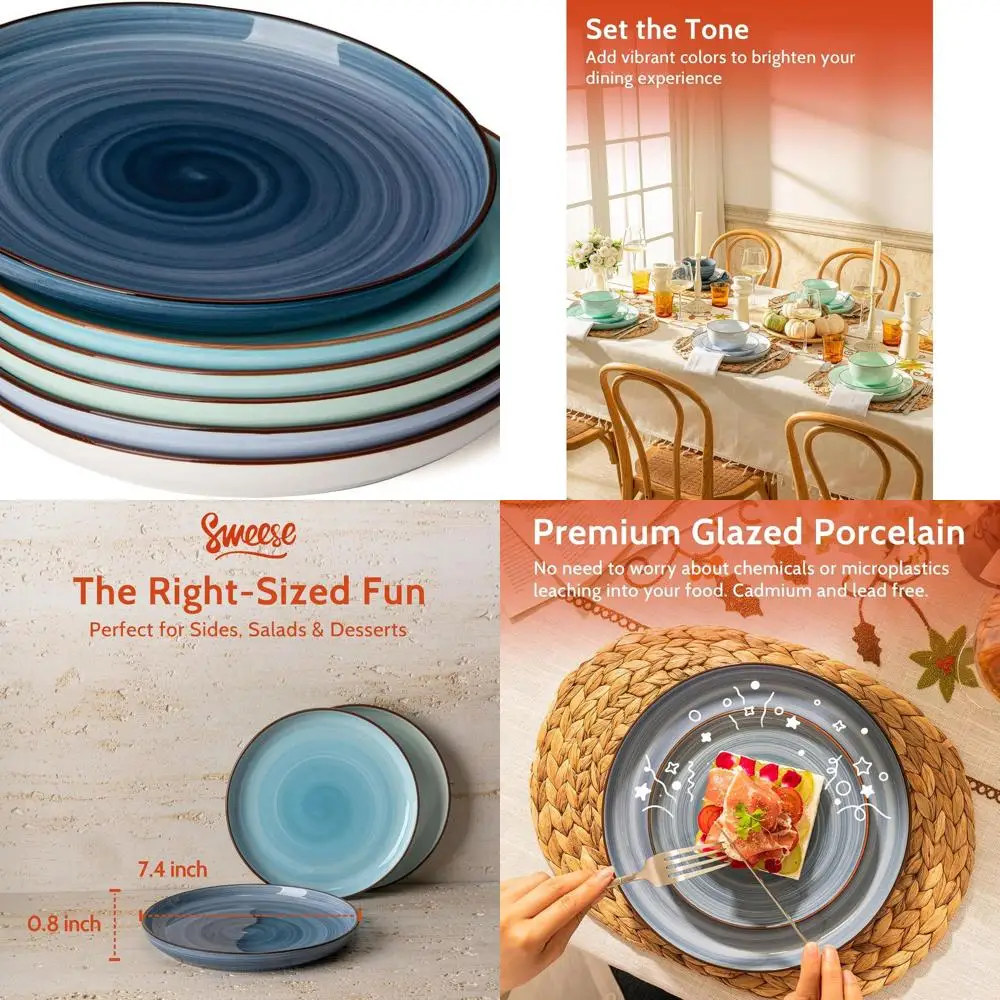 

6-Piece 7.4 Inch Round Porcelain Salad Plates Set, Microwave & Dishwasher Safe, Assorted Cool Colors