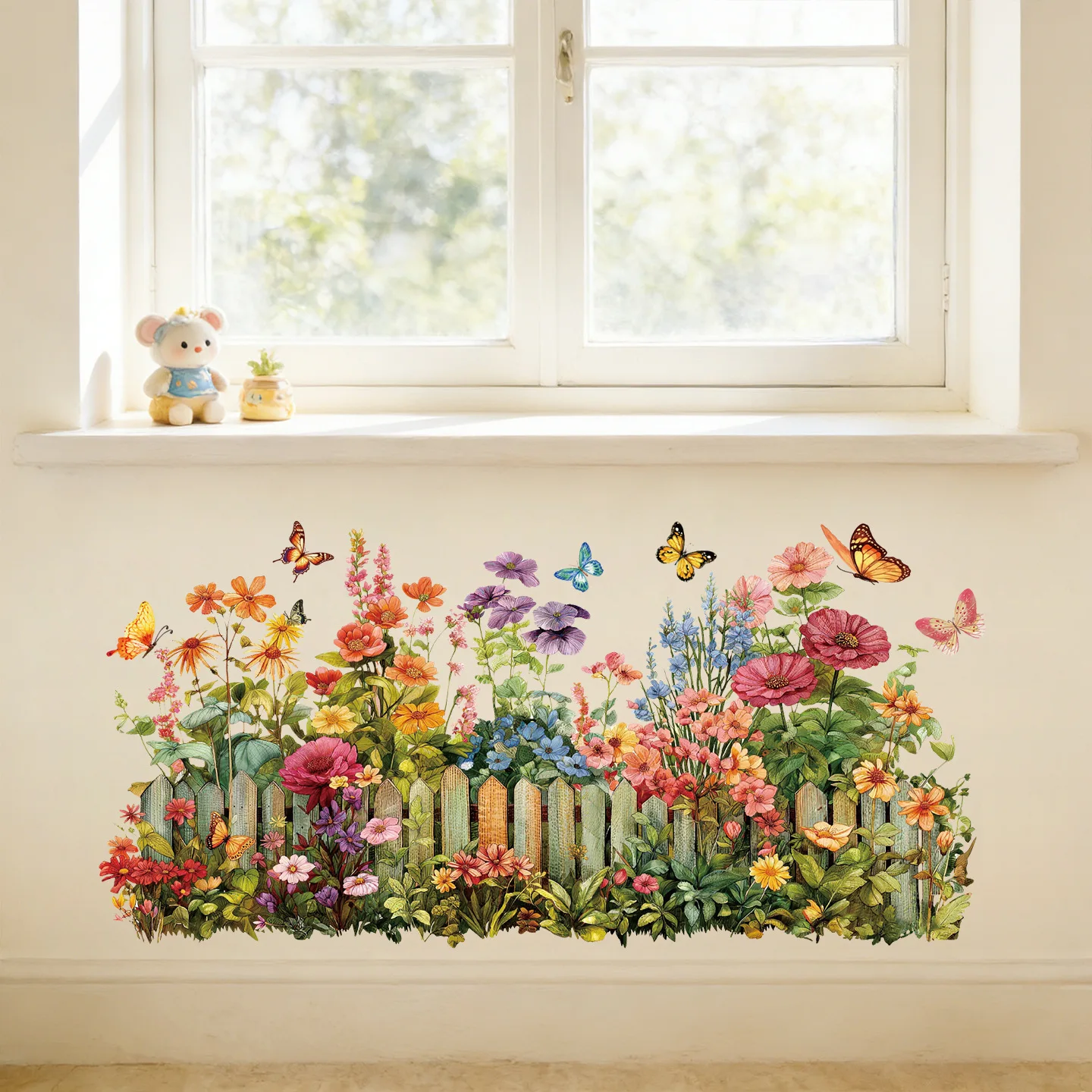 Colorful Flower Fence Wall Decals with Butterflies, Removable Waterproof Floral Stickers for Kitchen Bedroom Living Room Decor