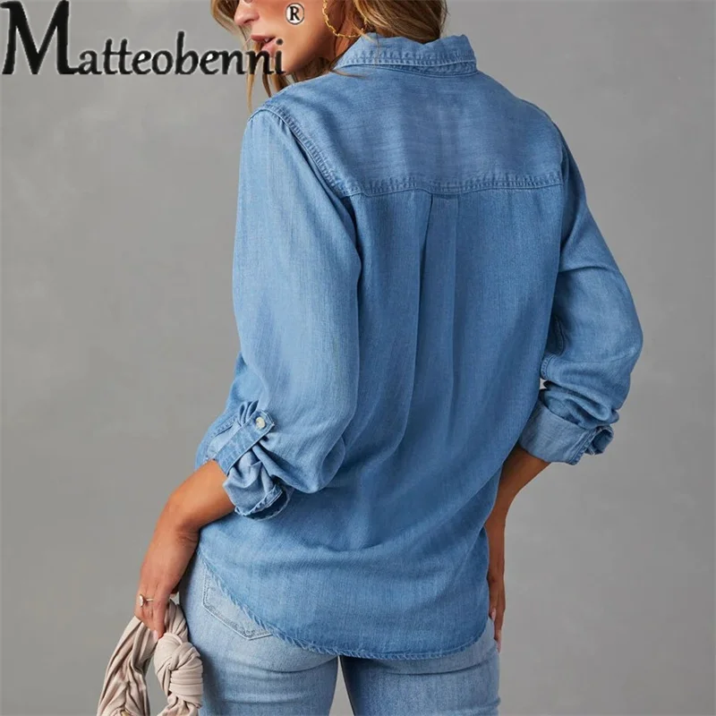 Autumn Thin Denim Shirt Women\'s Single-breasted Splicing Pocket Long Sleeve Lapel Tops Ladies Comfortable Commuter Casual Blouse