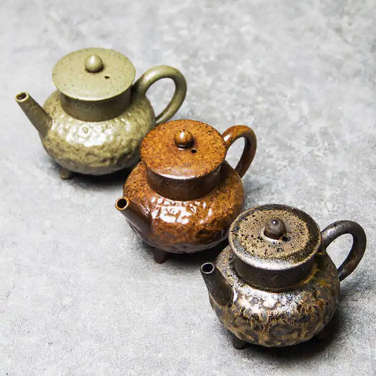 Handmade Wood Fired Teapot, Three Legged Coarse Pottery, Falg Gray Ceramic, Kung Fu Tea Set, Gilded Chinese Style