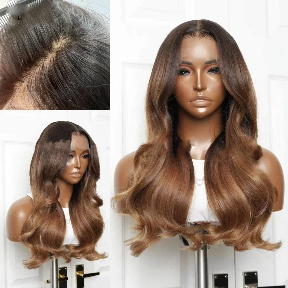 

Glueless 26inch Long Preplucked Ombre Brown 180Density Body Wave 5x5 Silk Base Jewish Human With BabyHair HDLace European Hair