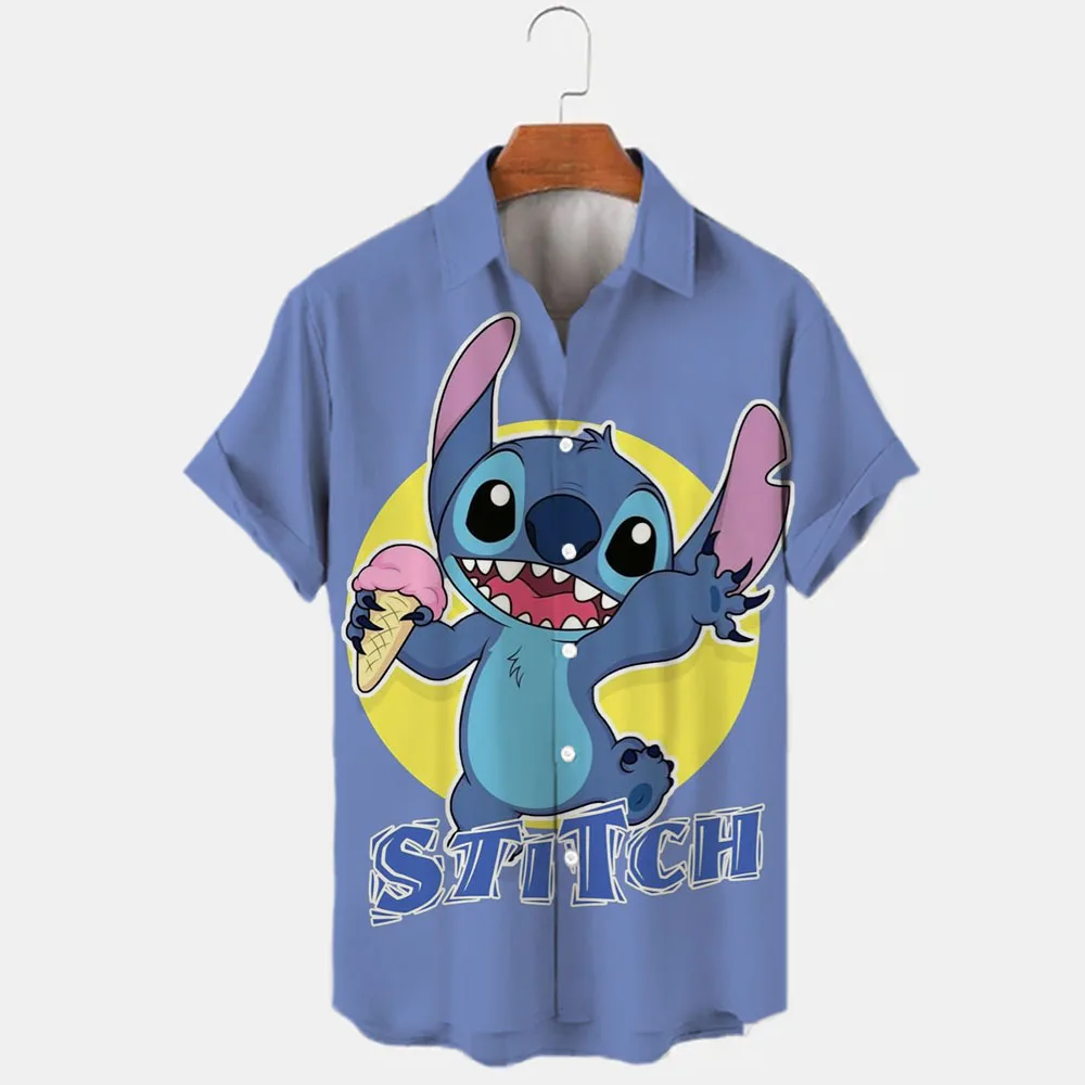 New Summer Disney Brand Stitch and Winnie the Pooh Cartoon Casual 3D Printed Short Sleeve Lapel Shirt Slim Fit Men's Top