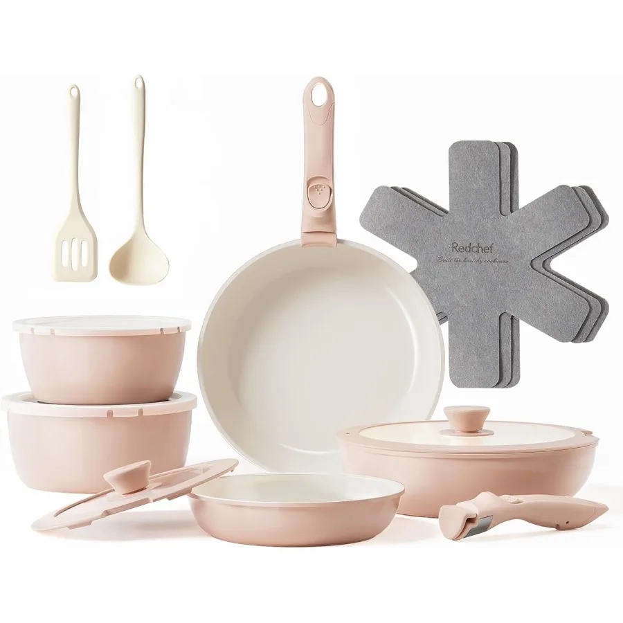 

16pcs Ceramic Pots and Pans Set with Detachable Handle for Kitchen Cooking Non Stick Non Toxic Cookware Set Free from PFAS PFOA