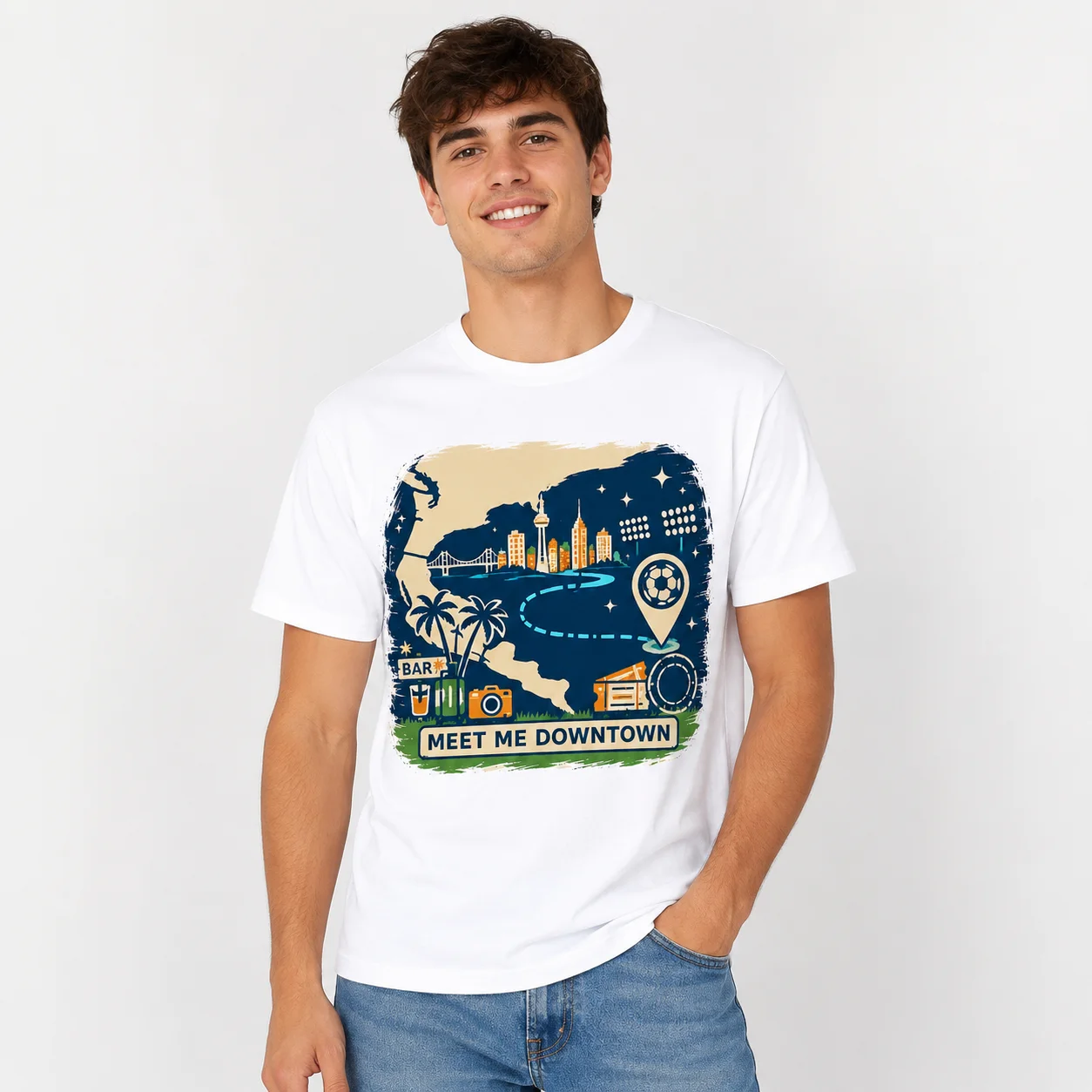 Men's Meet Me Downtown Soccer Graphic T Shirt Cotton Crew Neck Casual Tee Summer Game Football Sport