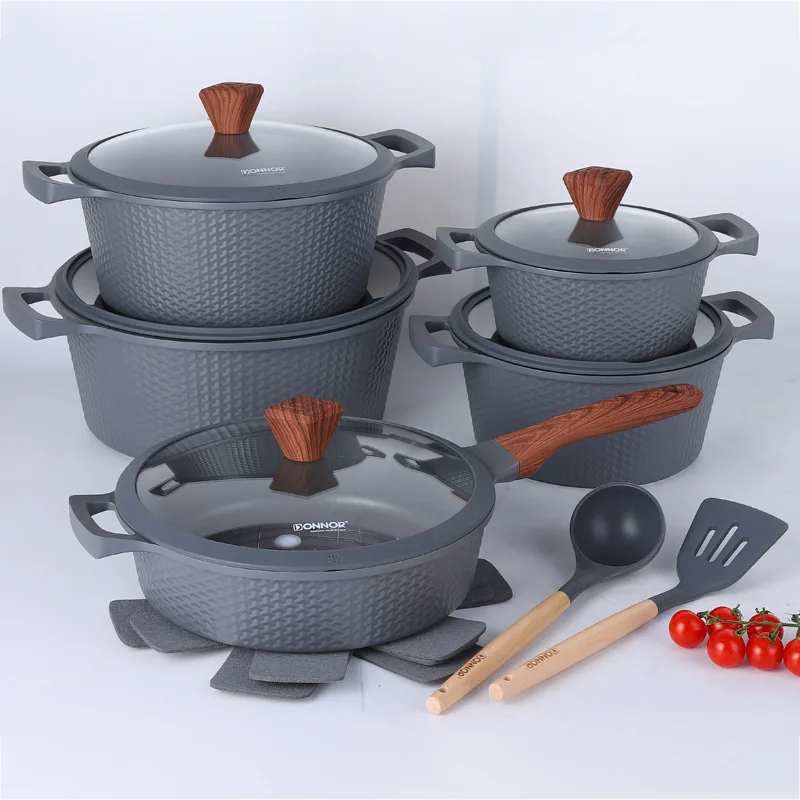 Elite 15 Item Forged Aluminum Cooking Set 20-32CM Soup Pot 28CM Deep Frying Pan Diamond Grip Visually Stunning Kitchenware