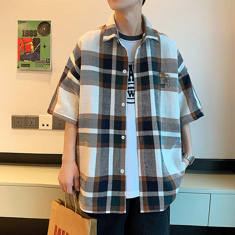 2023 New 100% Cotton Men Casual Plaid Shirt Short Sleeved Korean Style Fashion Striped Loose Harajuku Clothes Streetwear 2XL 3XL