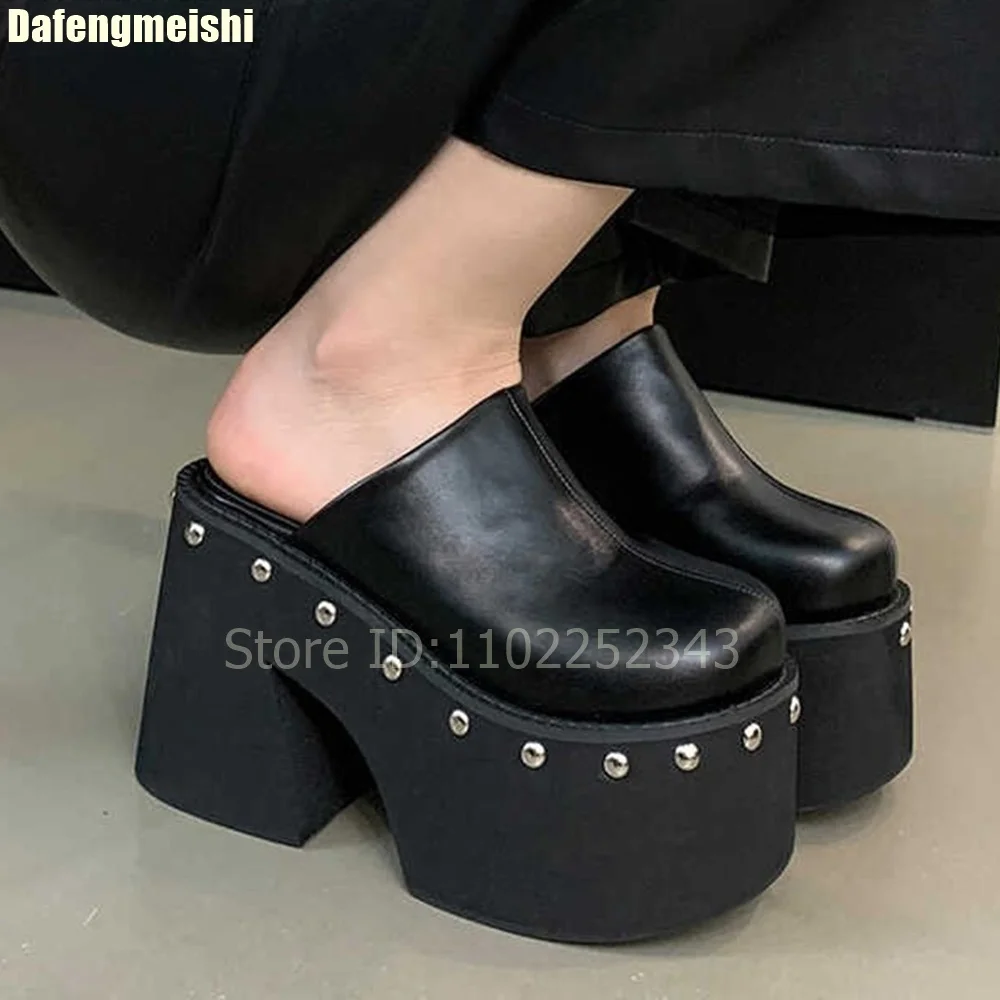 11Cm Super High Heel Women Slippers Black Leather Rivet Platform Sandals 2025 Autumn Wedge Slip-On Chunky Heel Slides Shoes