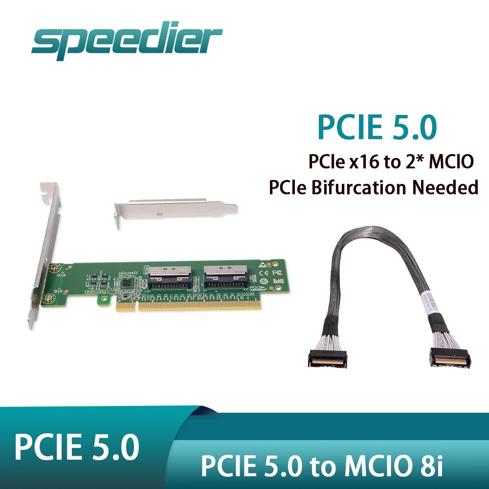 

Speedier PCIe 5.0 X16 To 2-port MCIO 8i Adapter Card / 5.0 X8 To MCIO Expansion Bifurcation Required / High-speed Cable 32Gbps