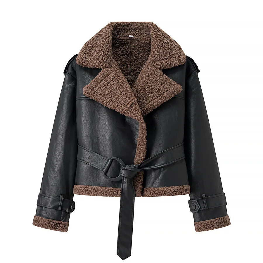 Women's Fashion Elegant Coat With Belt Vintage Black Leather Shearling Jacket With Brown Lining And Belted Waist For Winter NZK6
