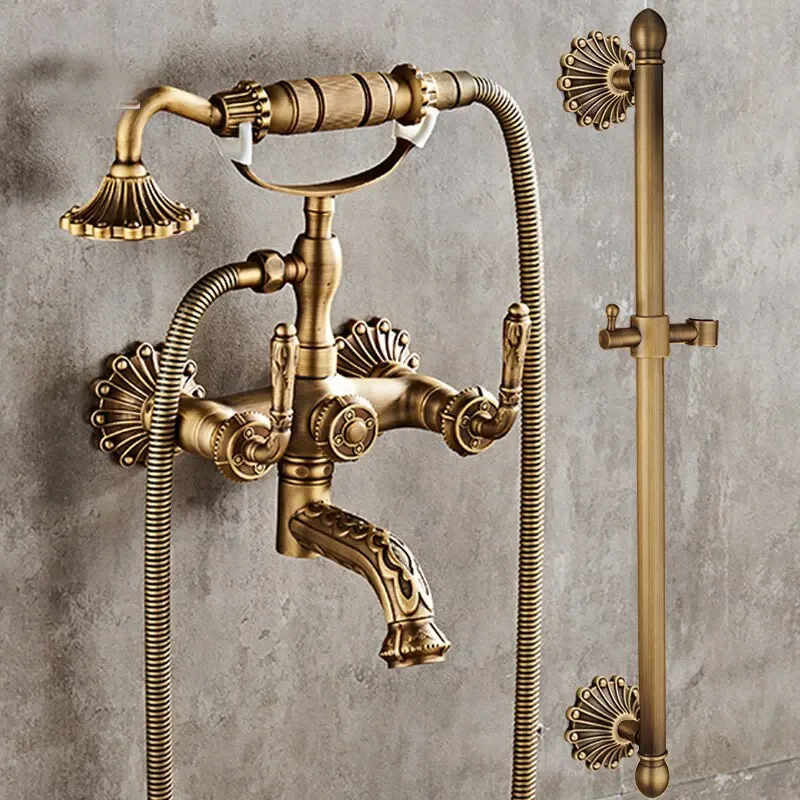 

Antique Brass Bathtub Shower Faucets Set Wall Mounted Swivel Tub Spout Dual Control Carved Mixer Tap