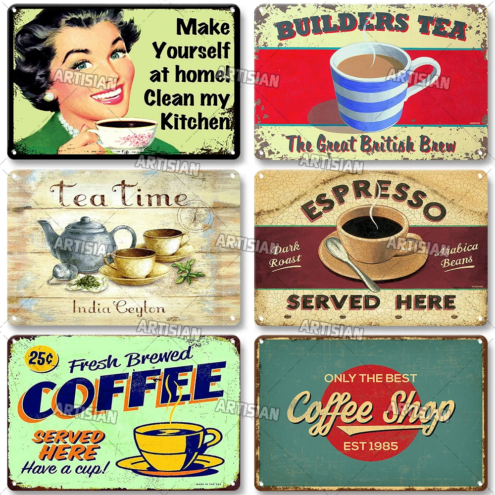 Vintage Coffee Metal Tin Sign Decorative Plate Retro Tea Time Metal Poster Home Bar Cafe Indutrial Decor Old Wall Metal Signs