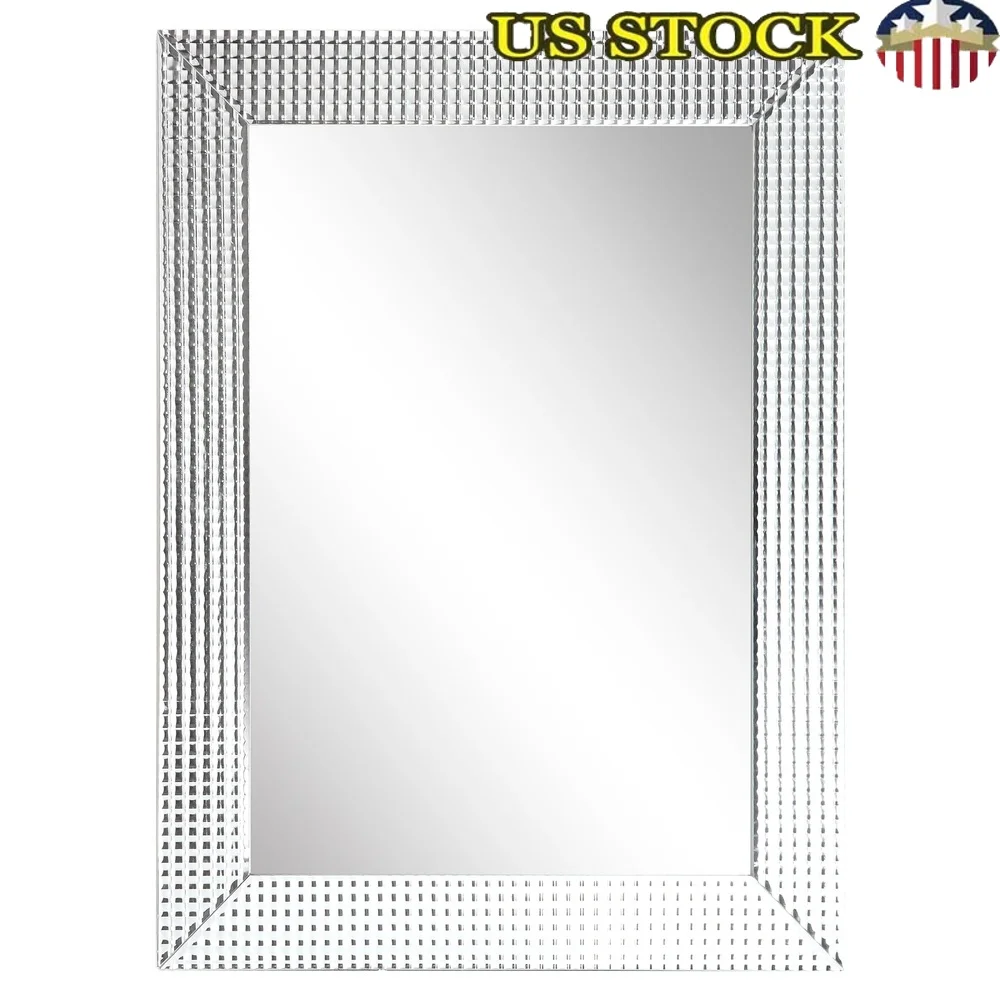 Beveled Glass Wall Mirror Textured Frame Glamorous Decor Ready to Hang Indoor D-Rings Sparkling Effect 30x40 Inches