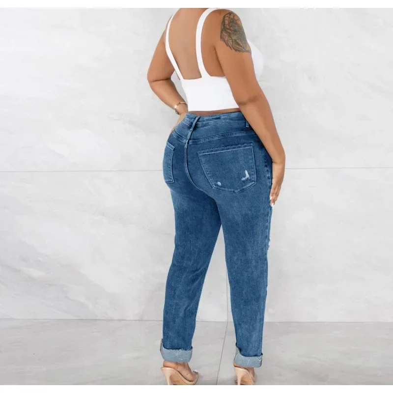 Große Damen jeans altmodisch zerrissene Jeans mit hoher Taille Damen Slim Fit kleine Füße Hosen S-2XL