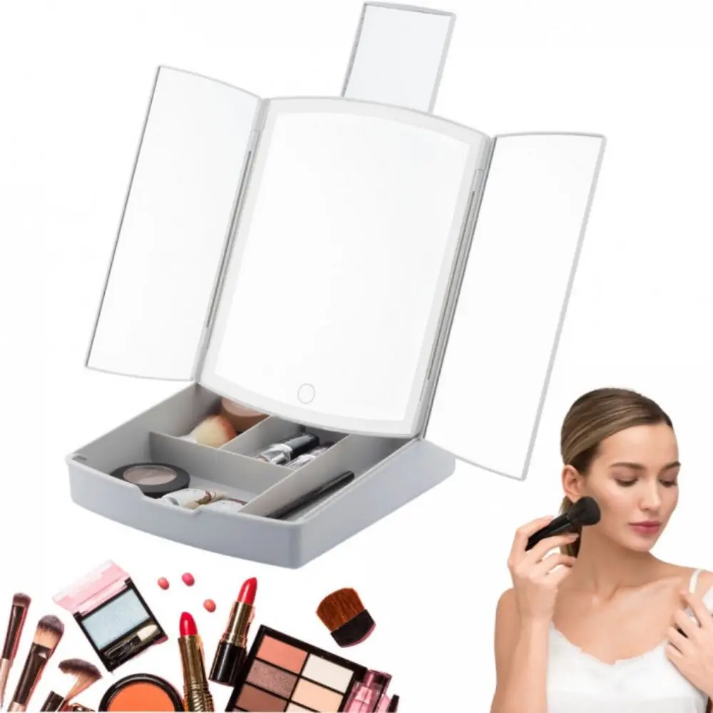 Tri-Fold Foldable Light-up Mirror with Storage Tray - 4 Compartments - 5X Magnifying - Perfect for Travel and Storage