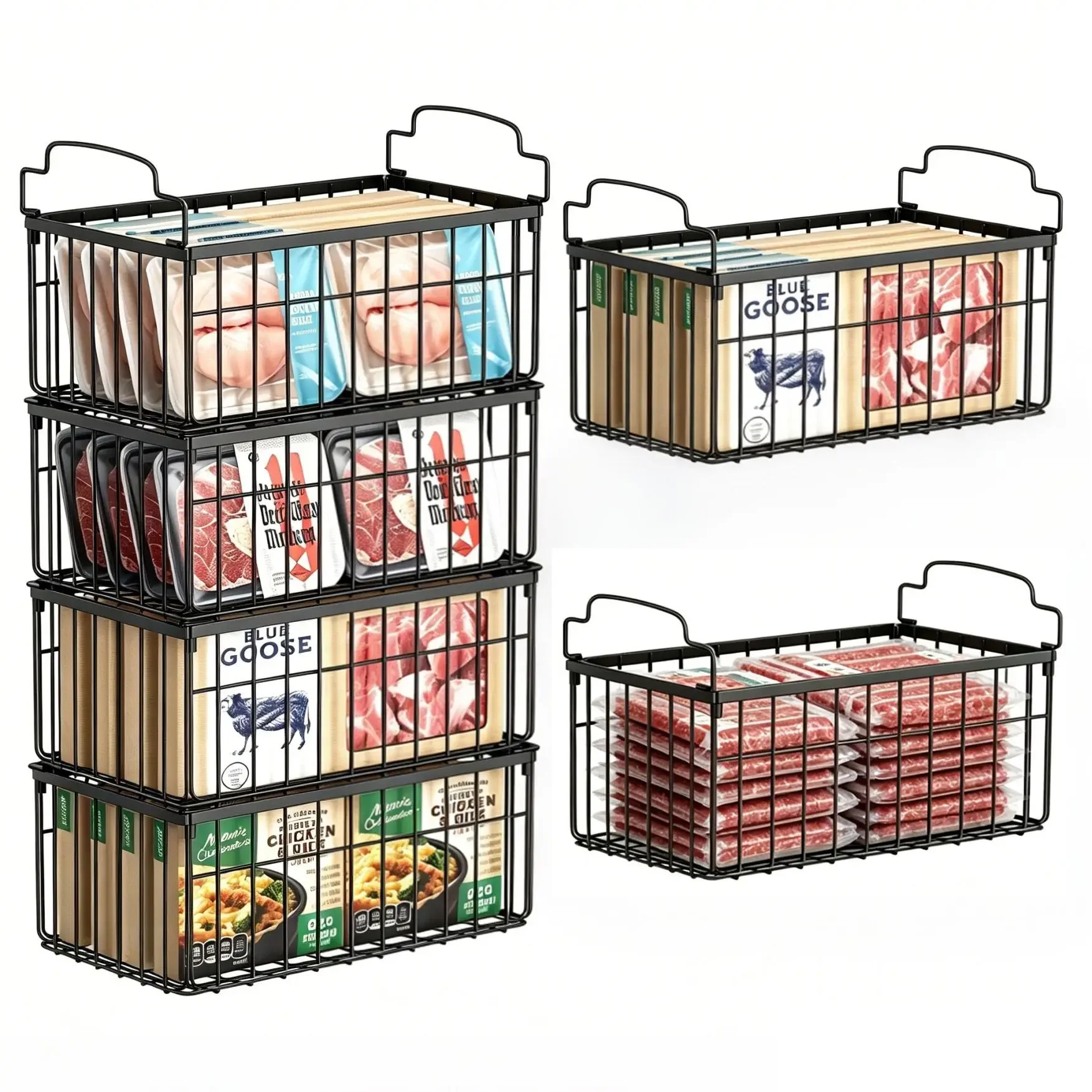 Stackable Wire Storage Baskets 2/4/6/8Pcs Rustproof Metal Chest Freezer Organizer Bins for Deep Refrigerator Fridge Kitchen Pantry Cabinet Food Meat Storage Space Saver