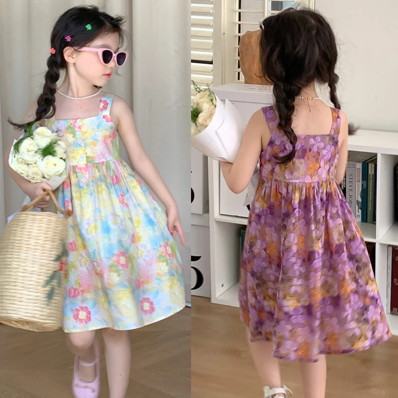 Summer Baby Girls Sleeveless Dress Casual Clothes Cotton Sweet Floral Print Dress For Toddler Infant Children 3 To 8 Years