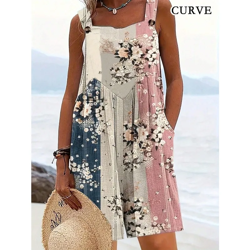 จั๊มพ์สูทไซส์ใหญ่สำหรับผู้หญิง ลายพิมพ์ชายหาด สไตล์หลวมๆ มีกระเป๋า สายเดี่ยว จั๊มพ์สูทขาสั้นลายพิมพ์สไตล์เรโทร