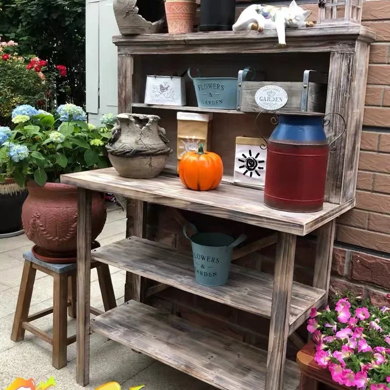 Outdoor courtyard wooden retro succulent flower stand locker flower gardening multi-layer terrace furniture old grocery table
