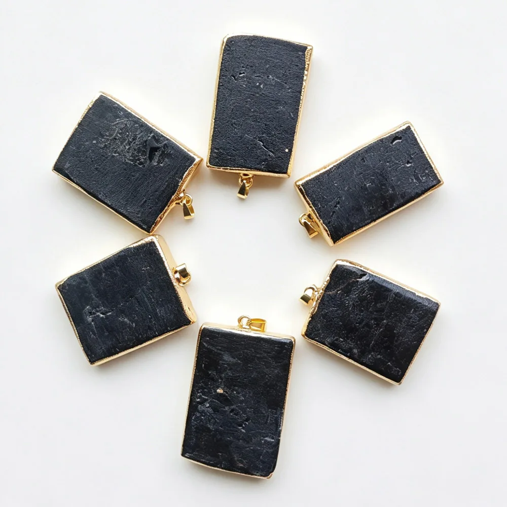 6pcs Fashion Natural Black tourmaline gold color side Rectangle Pendants diy Necklaces jewelry making Wholesale fast shipping