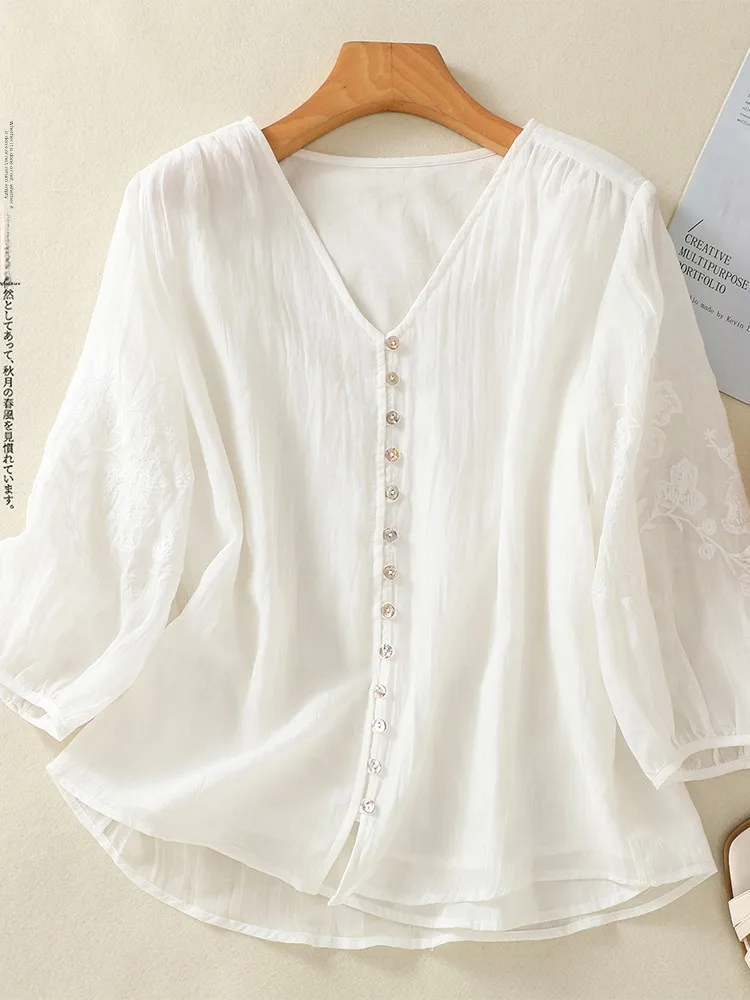 Retro Chinese Style Loose Fit Lightweight V-Neck Embroidered Cotton Linen Shirt Women Summer Commute Fashion Sun Protection Top