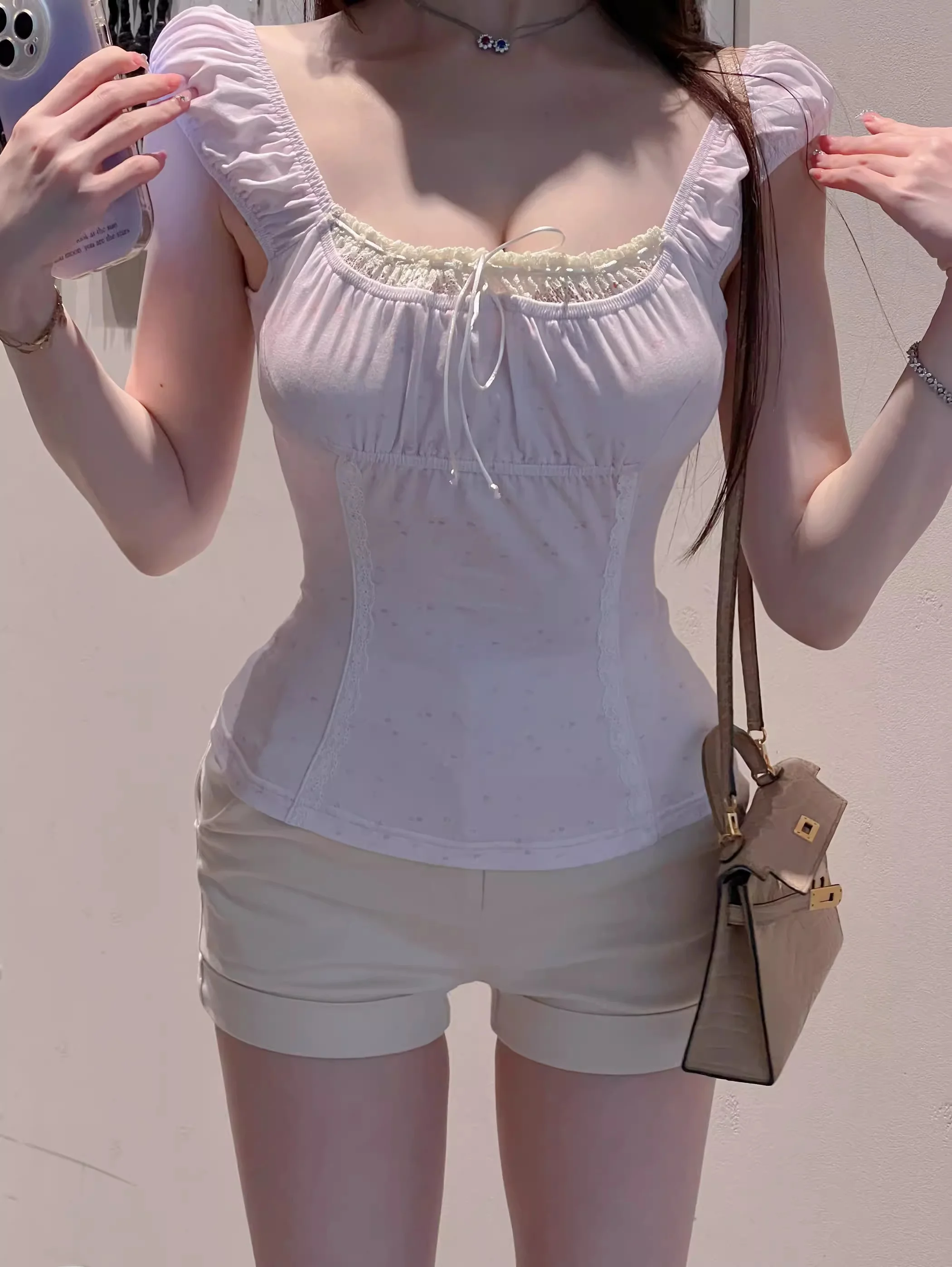 

Мягкая футболка с кружевной отделкой и цветочным принтом в винтажном стиле, с принтом в стиле кантри, из смесового хлопка, для девочек, летняя коллекция 2024