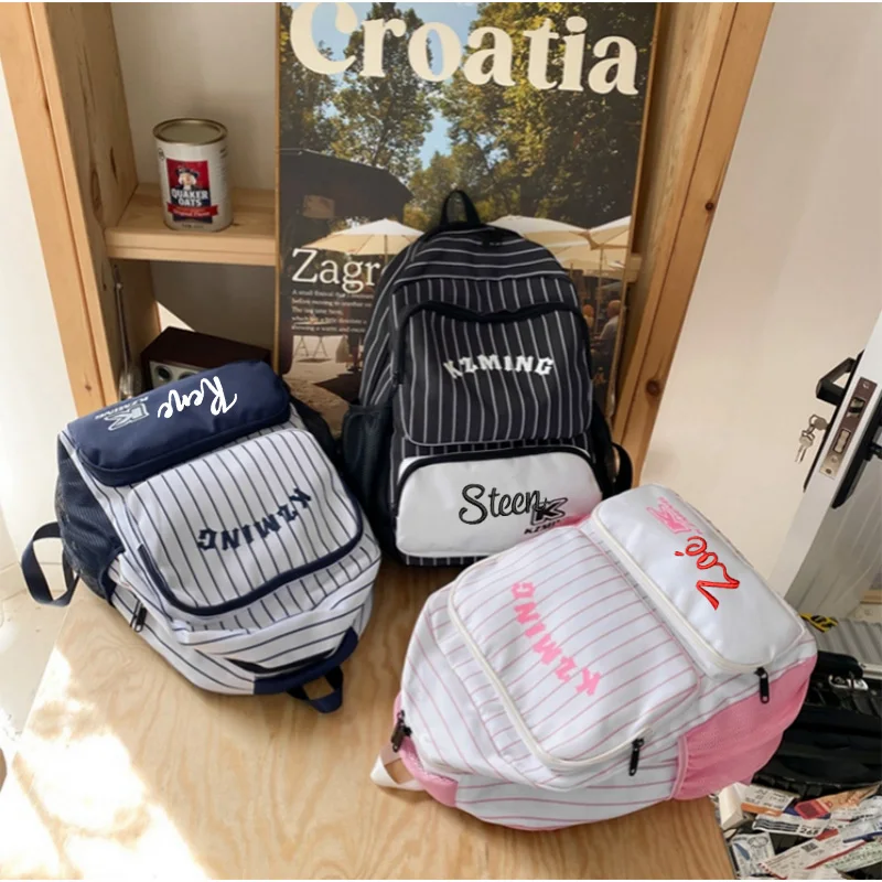 Mochila de estudante estilo retrô personalizada listra, mochila casual viagem escolar alta, tendência, nova, por atacado