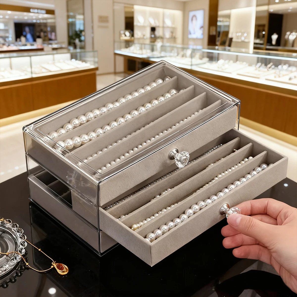 

1 шт., бархатная трехслойная серая/белая шкатулка для драгоценностей, пыленепроницаемая акриловая прямоугольная основная настольная кольцо, браслет, коробка для хранения ожерелья