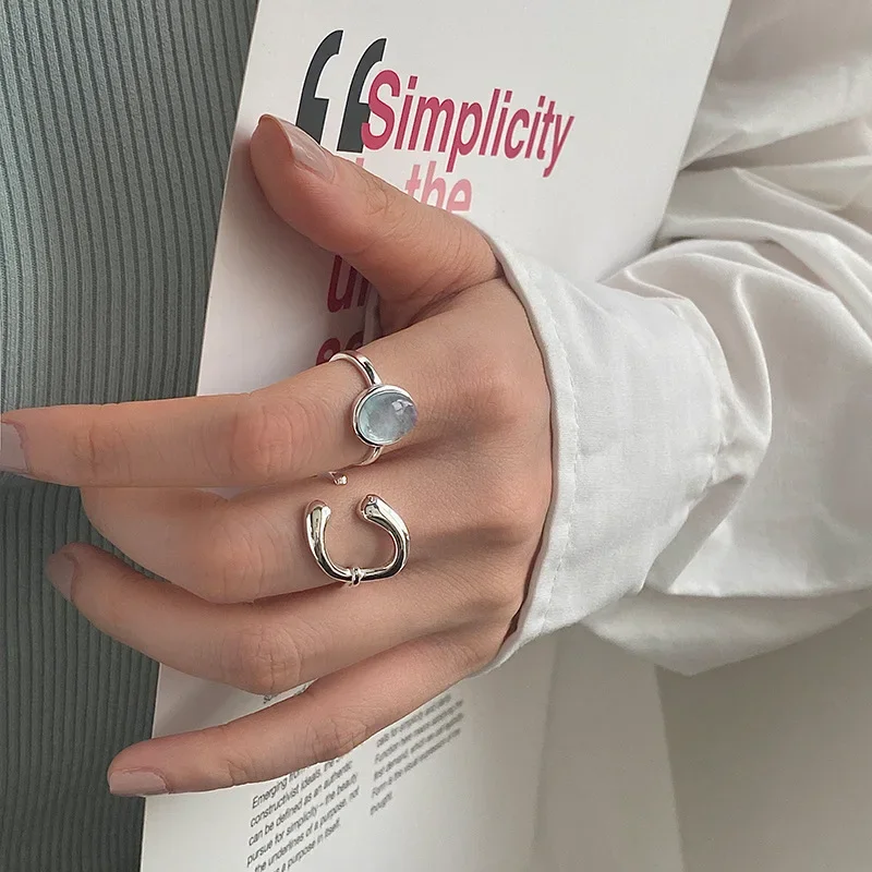 

Blue Oval Stone Silver Color Rings for Women Girls Minimalist Adjustable Finger Rings Fashion Band Female Bijoux Accessories