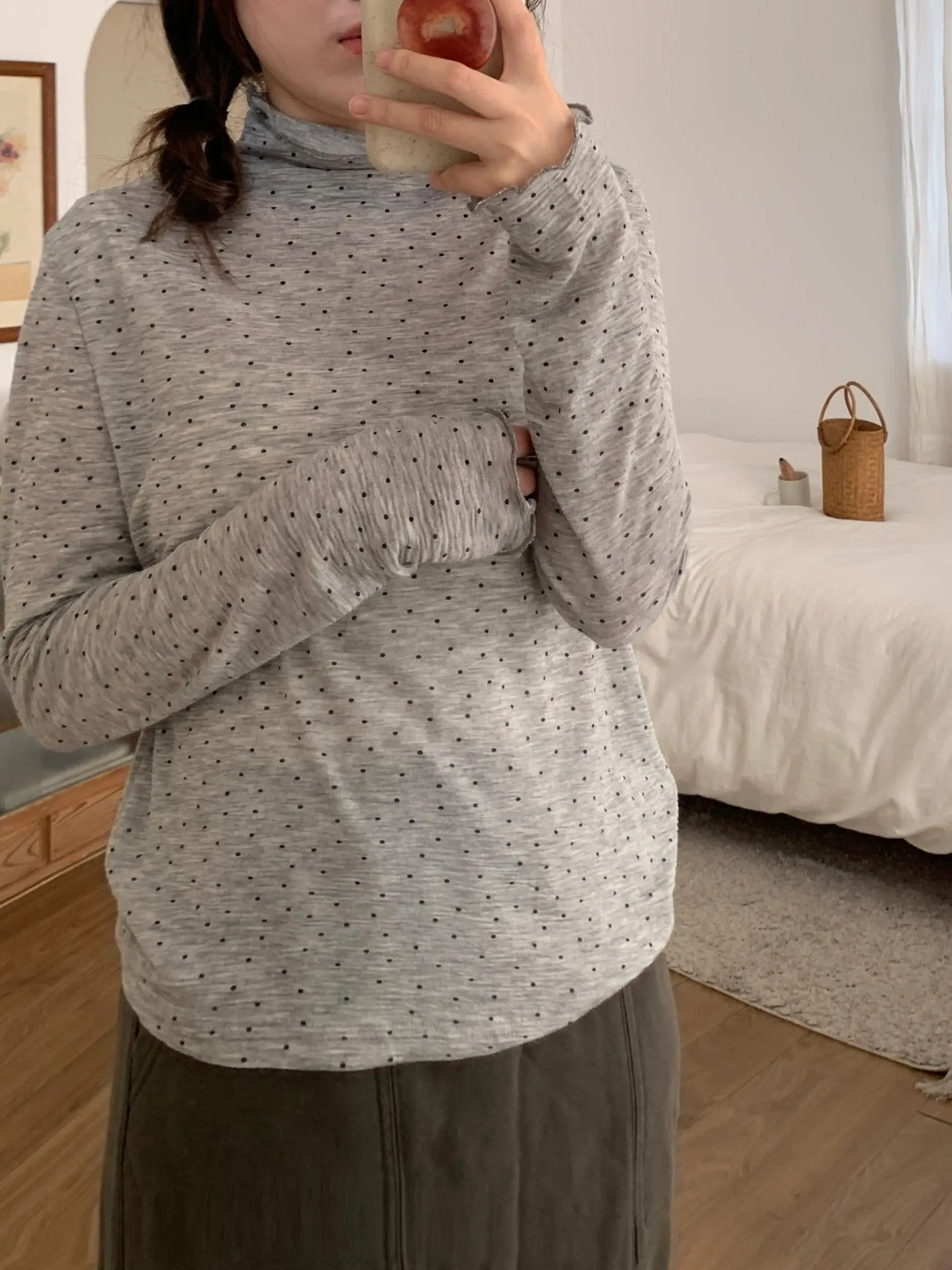 

Slim Fit High Collar Long Sve Polka Dot Base irt Roll up Sve Knitted Sweater T-irt Women's Commute Sle Inner Wear