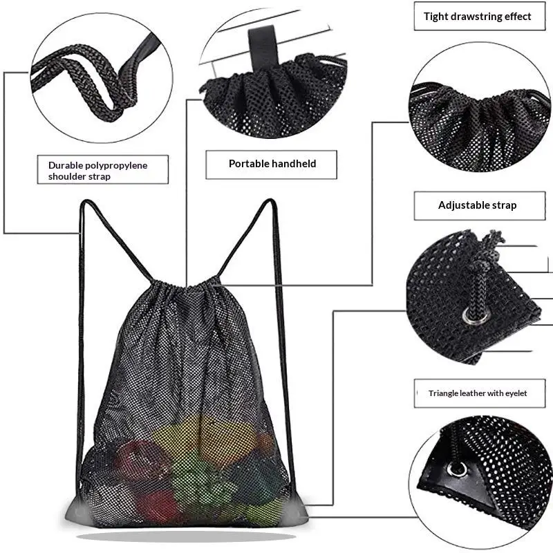 Mesh Drawstring Backpack Bag Breathable Grocery Fruit Storage Sack Multifunction Foldable Ventilated Net Pouch For Sports Gym