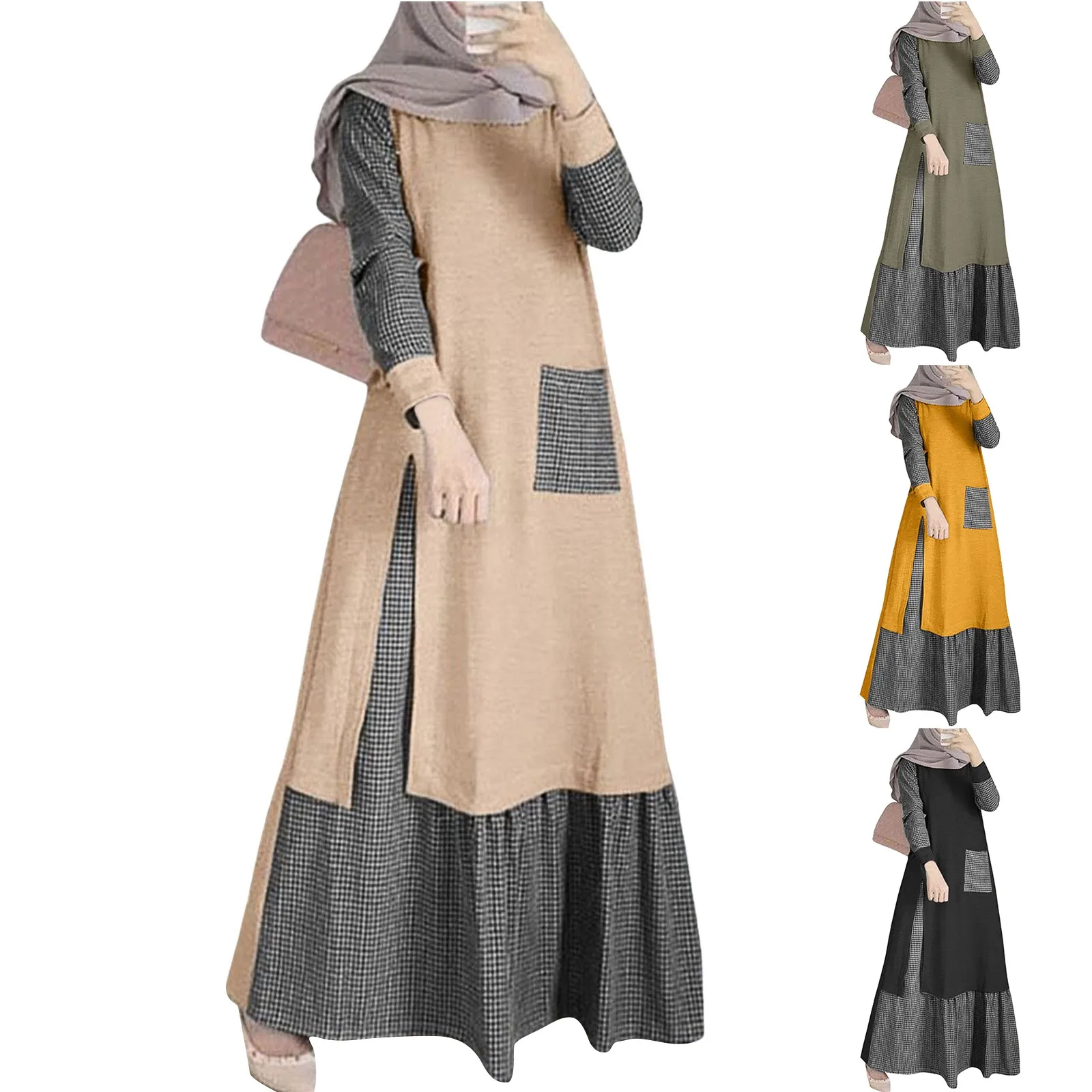 Muslim Women's Creative Grid Patchwork Long Sleeve Round Neck Hem Long Dress Fashion Elegant Temperament A-line Dress