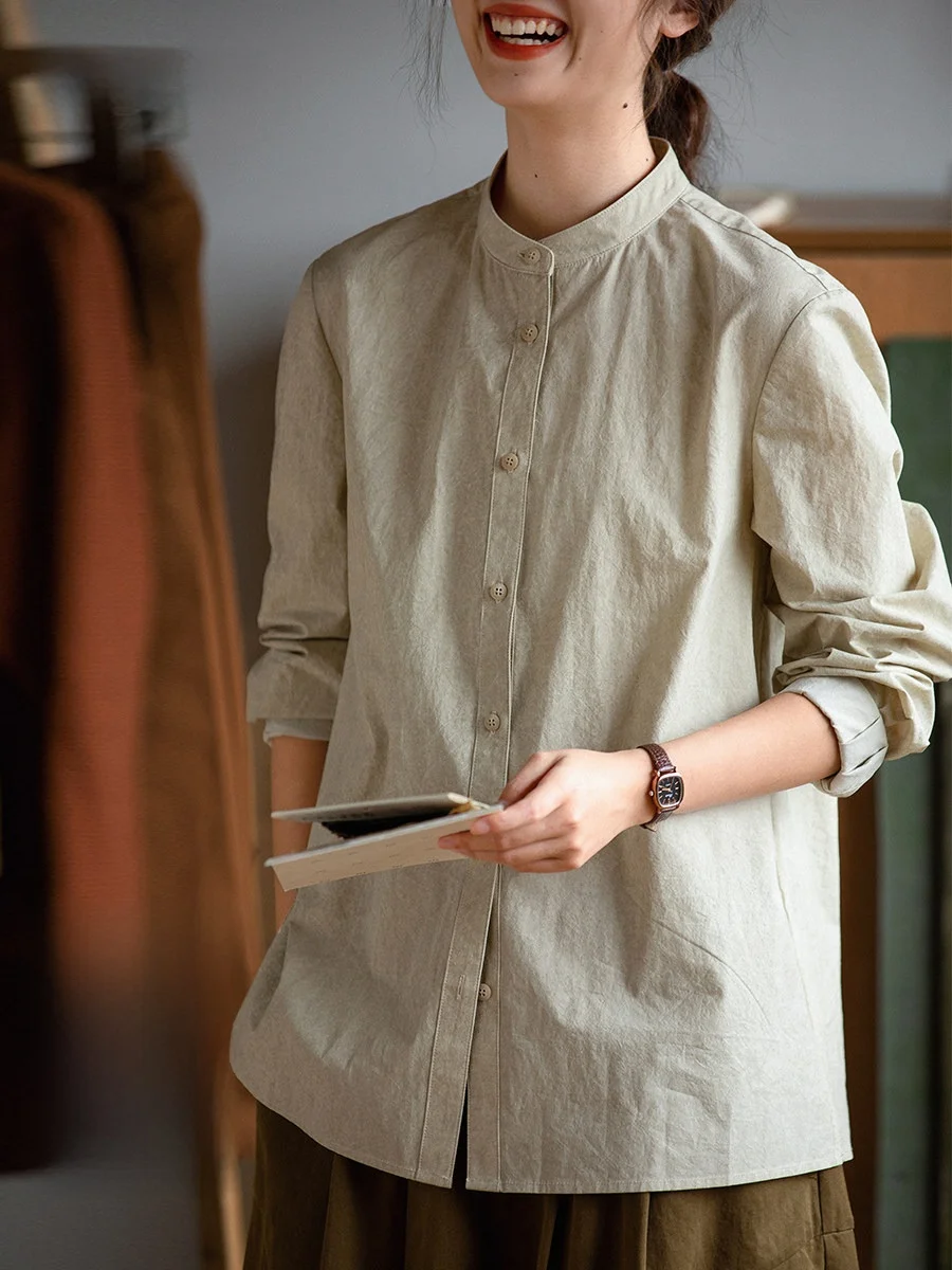 

Original Commute Versatile Loose Long Sve Pure Cotton Stand Collar irt Women's New Autumn Khaki Color Busin Casual irt