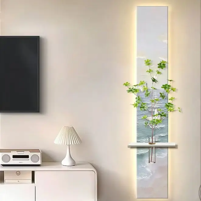 Three dimensional sandstone with light hanging painting decoration, living room hydroponic green plants, entrance mural