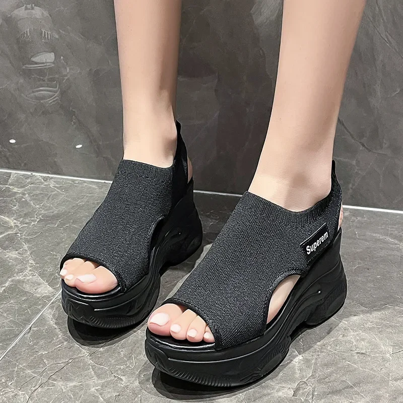 Women\'s Sandals 2024 Summer Wedge Heel Elastic Cloth Cover Foot Ladies Sandals Thick-soled Fashion Trifle Elevation Casual Shoes