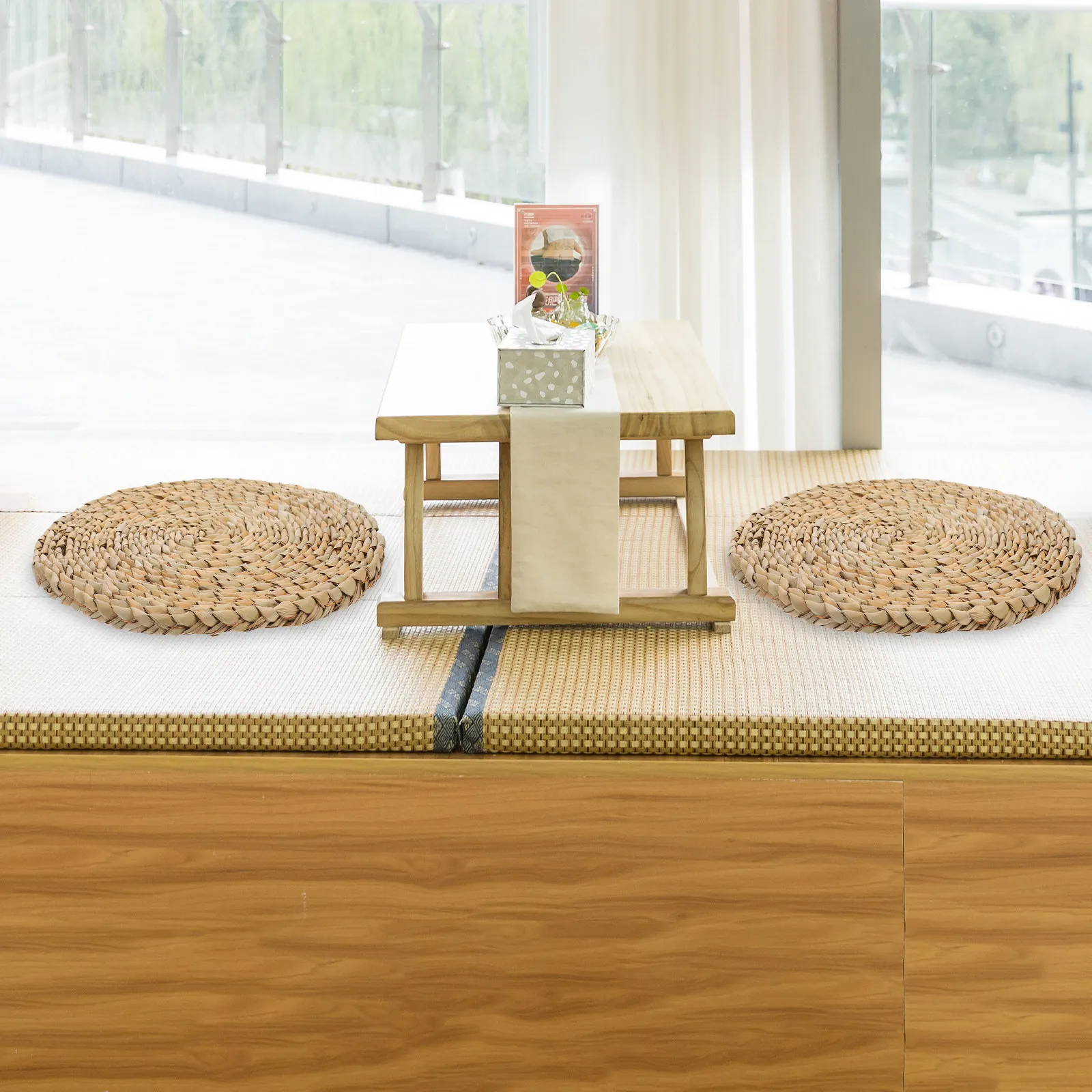 Cojín Redondo de Paja Tejida para Suelo, Cómodo Asiento, Colchoneta de Yoga, Cojín para Silla, Tapete para Dormitorio, Terraza, Comedor, Picnic