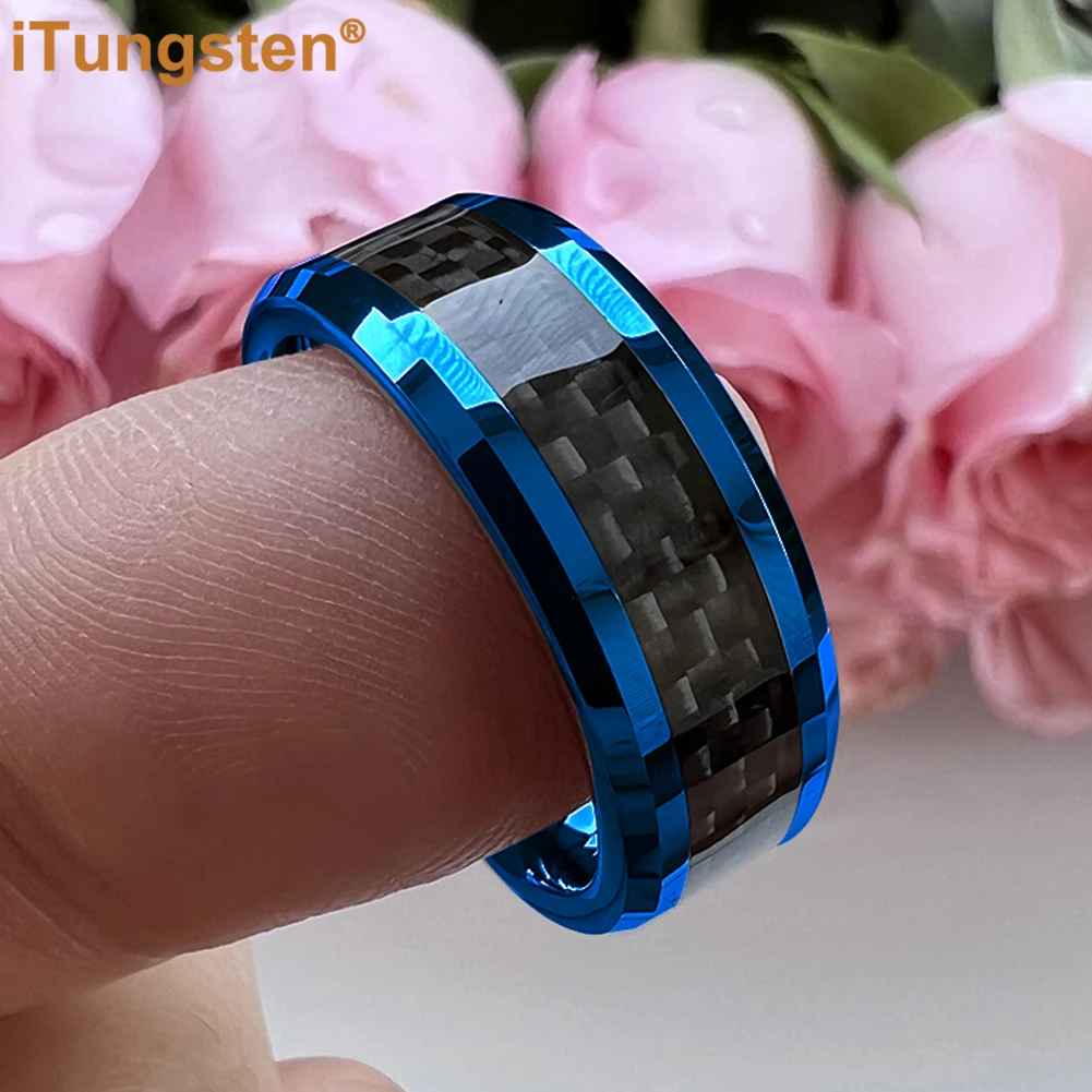 iTungsten 8mm Dropshipping Blue Men Women Ring Tungsten Engagement Wedding Band With Black Carbon Fiber Inlay Comfort Fit