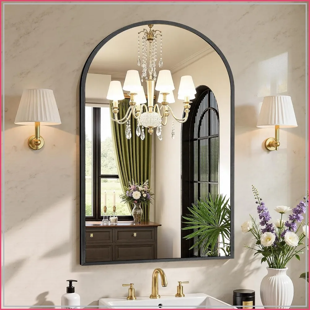 

24x36 Arched Black Bathroom Mirror, Metal Framed, HD Shatter-Proof Glass for Wall, Over Sink, Entryway, Bedroom Decor