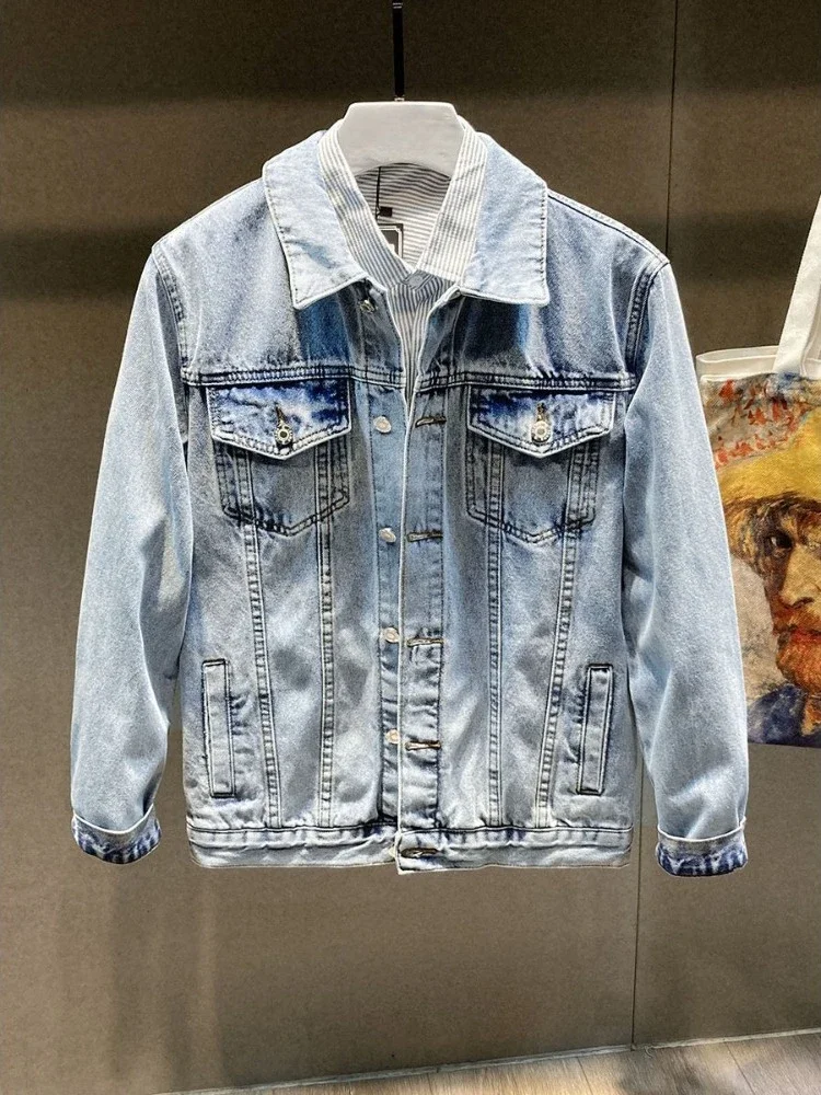 

Облегающее ковбойское пальто с вышивкой для мужчин, стираная мужская одежда, модная корейская популярная одежда, модные роскошные корейские джинсовые куртки для мужчин