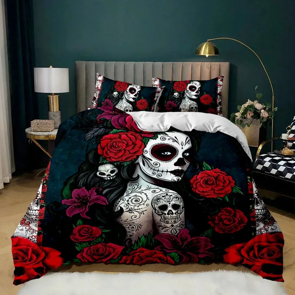 Skull  Duvet Cover Red Rose Skeleton Queen Floral Skeleton Traditional Mexican Halloween Double Queen King Polyester Qulit Cover