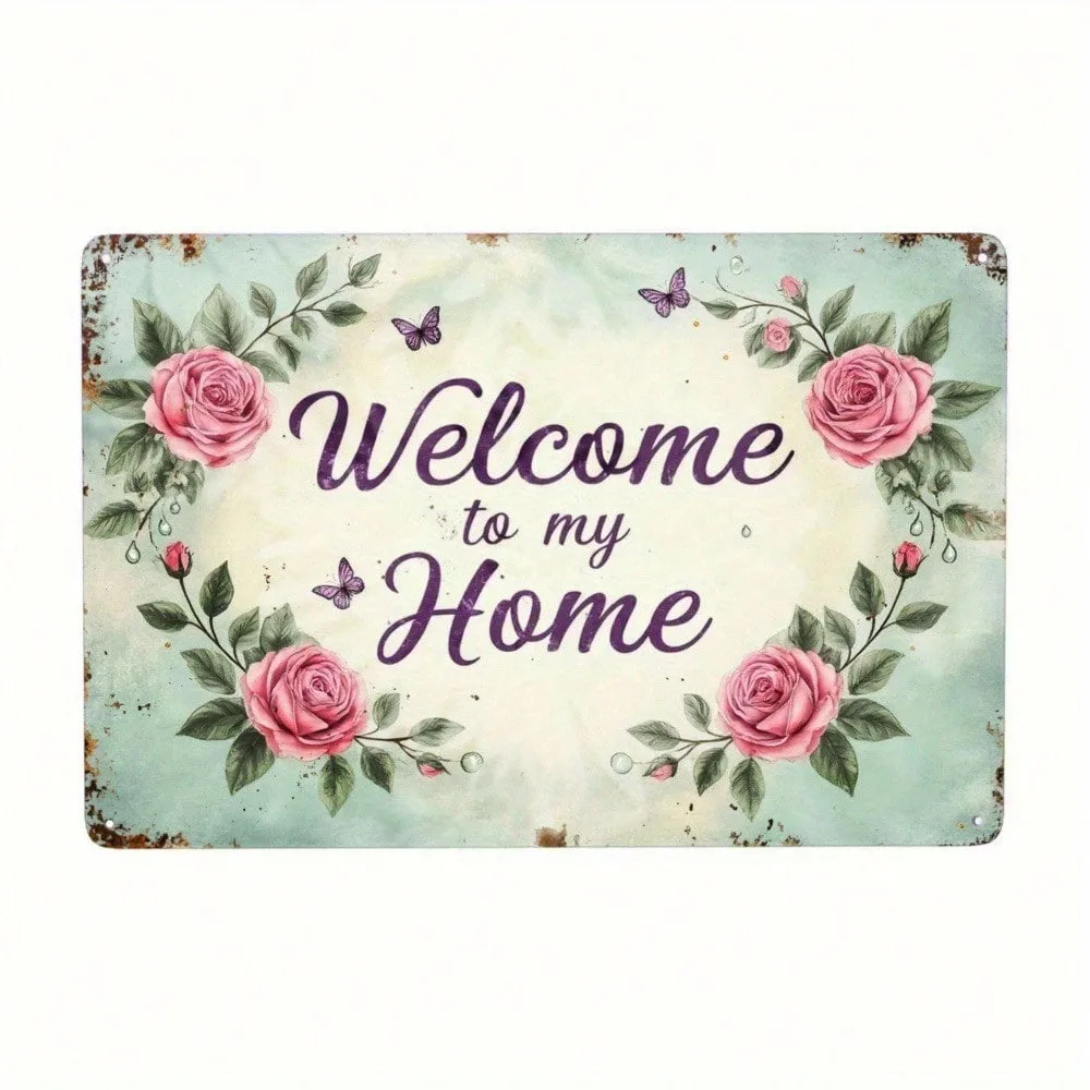 

**Vintage Welcome Wall Sign 2D Flat Pink Roses Mint Green, Valentine & Art Deco Inspired Home Decor, 2026 Ramadan Distressed Tin