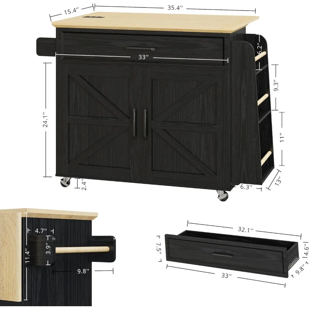 Rolling Kitchen Island Table with Drop Leaf, Mobile Kitchen Cart with on Wheels, Storage Cabinet, Drawer, Spice Towel Rac