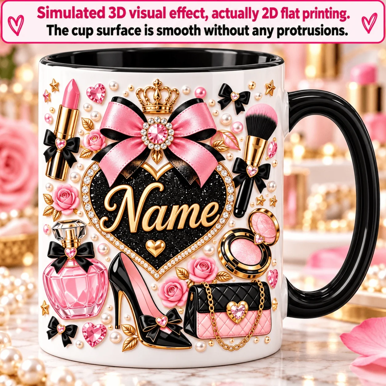 Personalized Makeup Ceramic Coffee Mug Custom Name Cosmetic Perfume Lipstick Jewelry Floral Design Gift for Beauty Lover Women M
